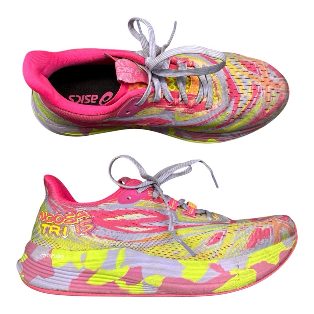 Asics Noosa Tri 15 running shoes women's 9 hot pink yellow tie dye sneakers mesh